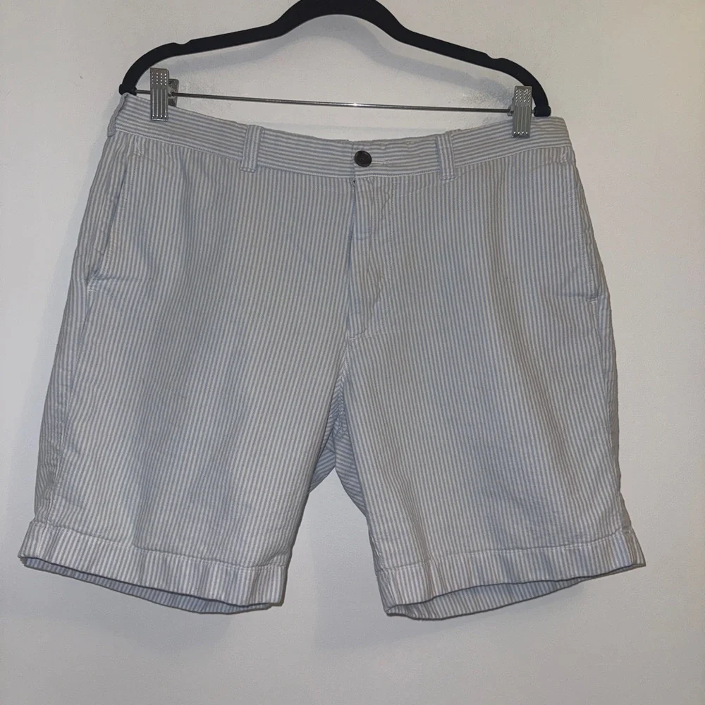 J.Crew Men’s Seersucker Shorts Size 36 Blue White Stripe Cotton Summer Preppy